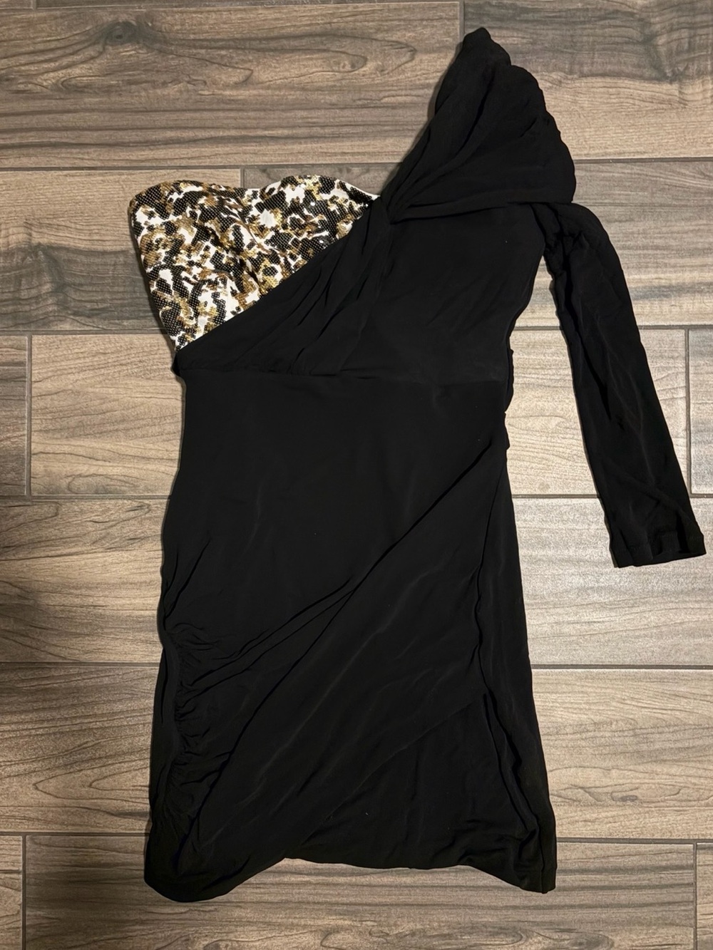 Roberto Cavalli Black One-Shoulder Dress with Animal-Print Bust